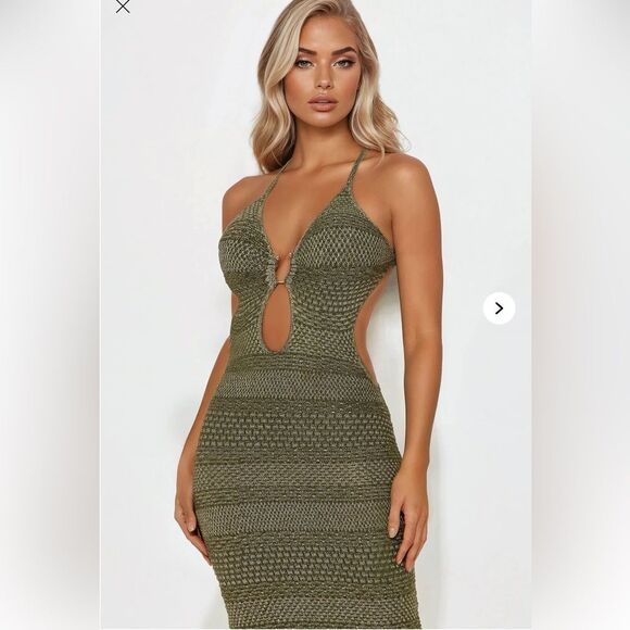 NWOT Fashion Nova Ibiza Metallic Crochet Maxi Dress in Olive Size Medium - Picture 2 of 3